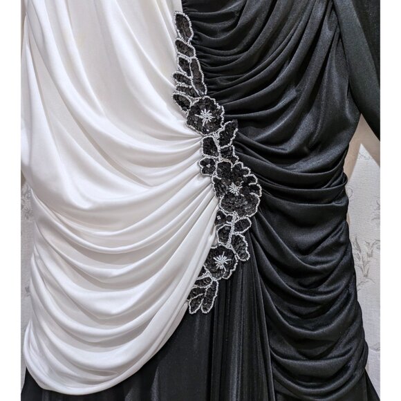 VTG 90s Ruched Black White Color Block Long Sleeve Gown 22W Elegant Evening Prom - Picture 2 of 7